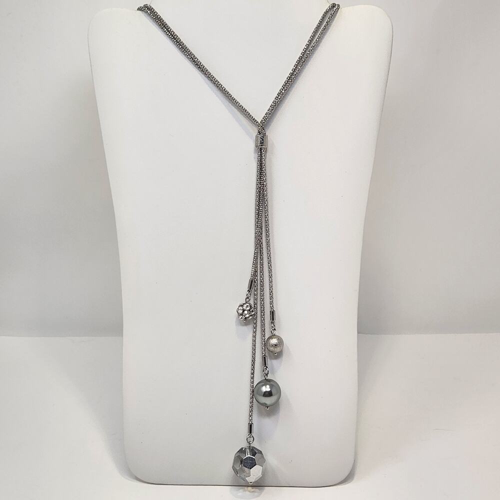 Lia Sophia Celestial Silver Tone Chain Bauble Bead Tassel Necklace Layer Crystal